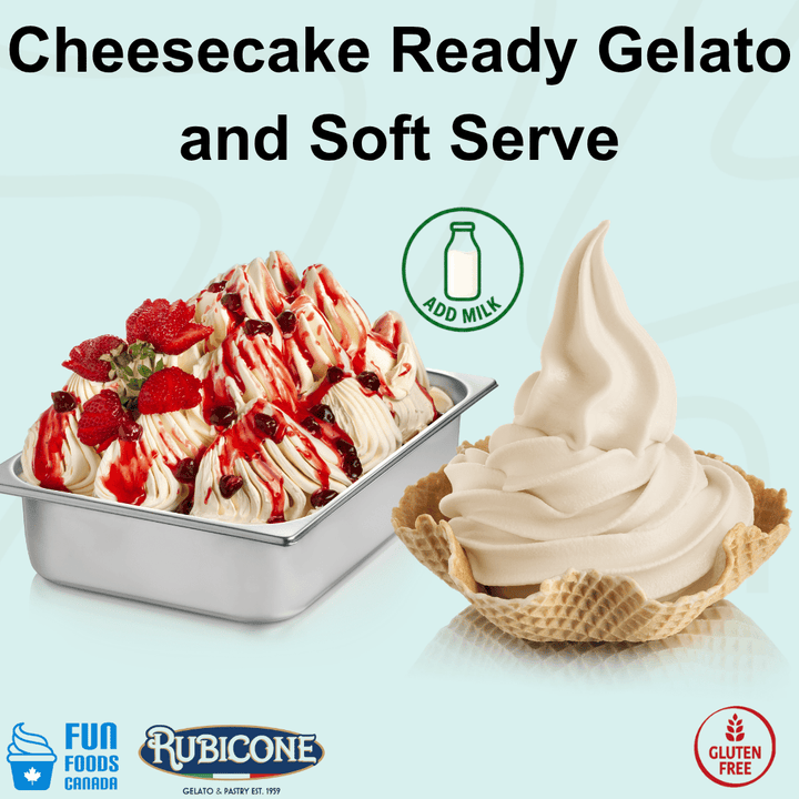 Rubicone Cheesecake Ready Gelato and Soft Serve mix – rich, creamy cheesecake-flavoured mix for commercial gelato and soft serve machines in Canada. Add milk. Gluten-free.