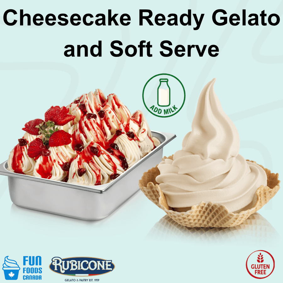 Rubicone Cheesecake Ready Gelato and Soft Serve mix – rich, creamy cheesecake-flavoured mix for commercial gelato and soft serve machines in Canada. Add milk. Gluten-free.