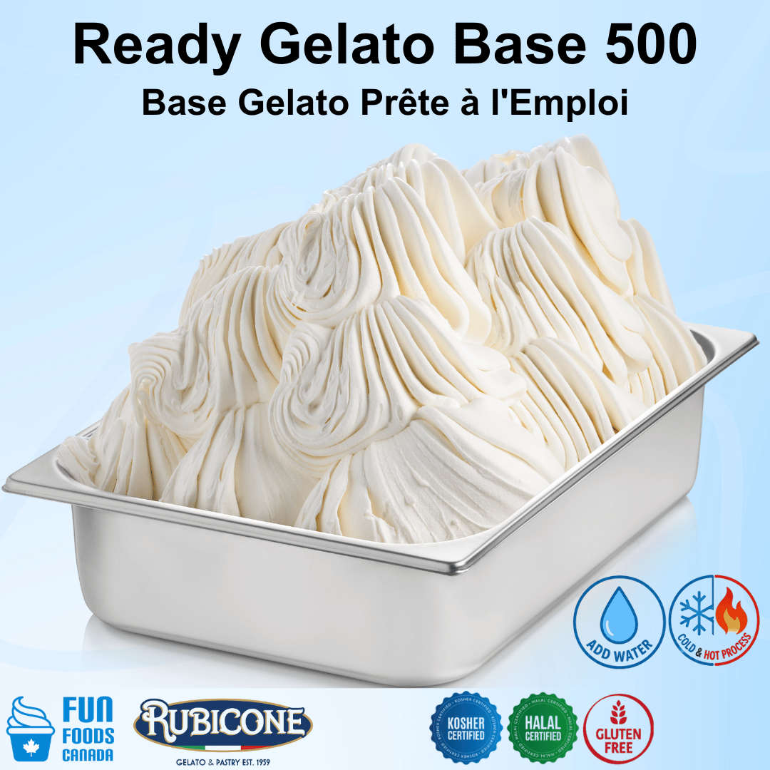Container of Ready Gelato Base 500 with Rubicone branding and certification logos on a light blue background.