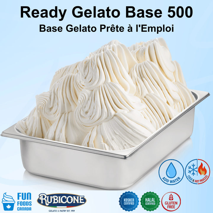 Container of Ready Gelato Base 500 with Rubicone branding and certification logos on a light blue background.