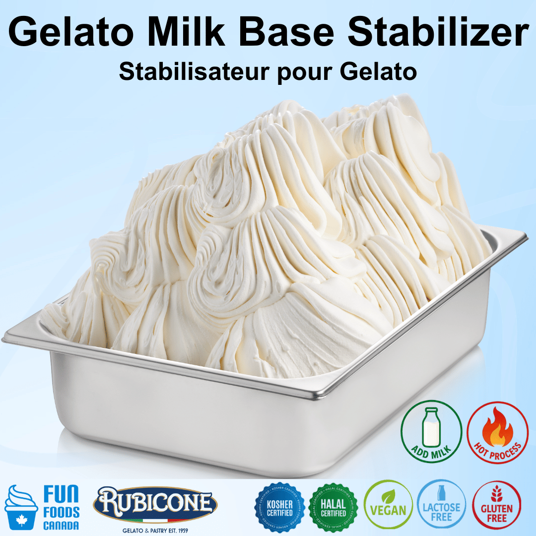 Gelato milk base stabilizer with a container of gelato on a light blue background