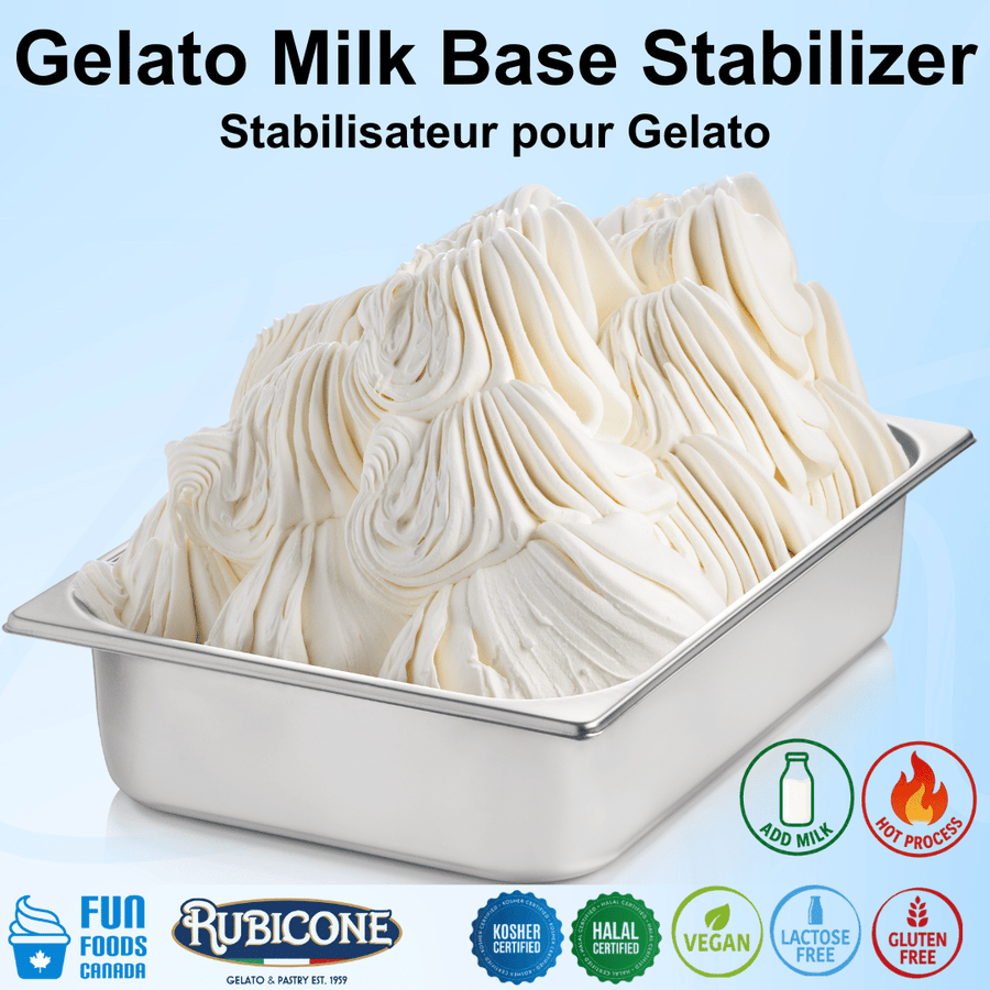 Gelato milk base stabilizer with a container of gelato on a light blue background