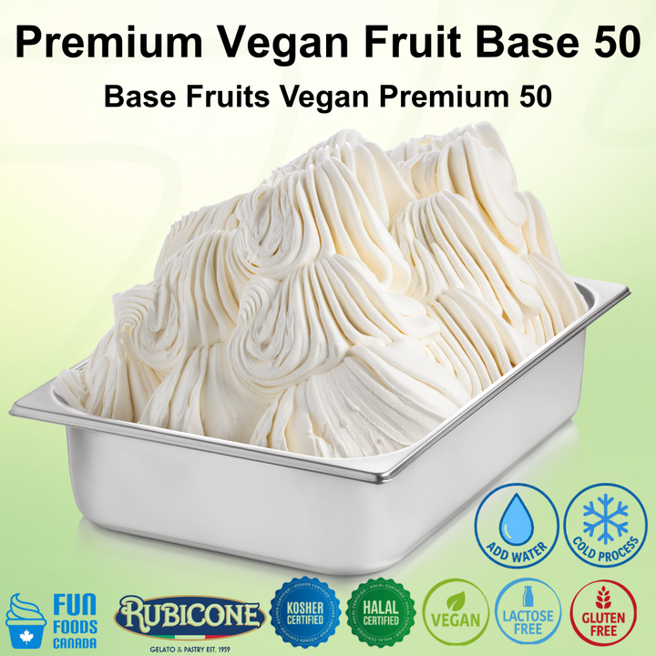 Container of premium vegan fruit base with branding and certification logos on a light green background