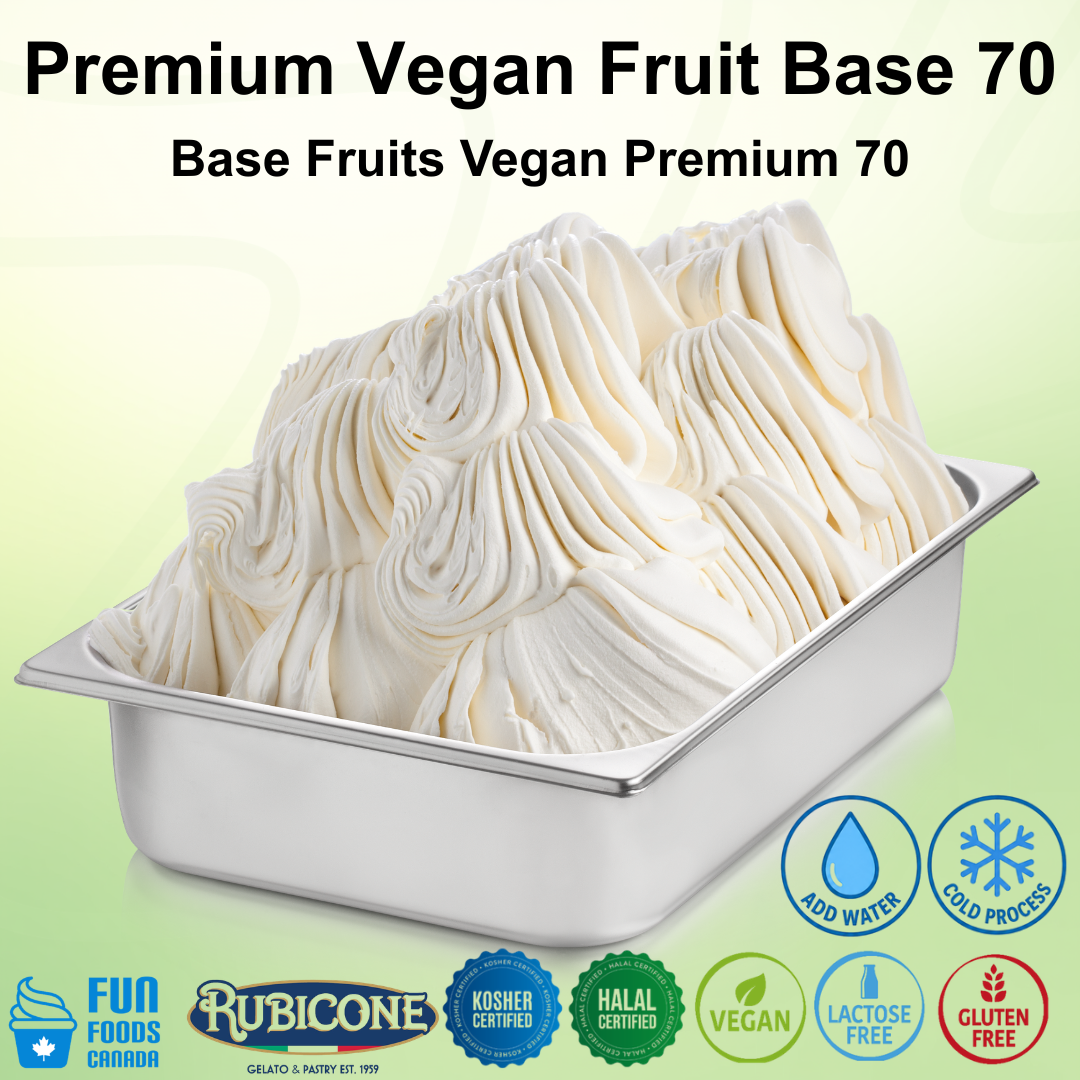 Container of premium vegan fruit base with brand logos on a light green background