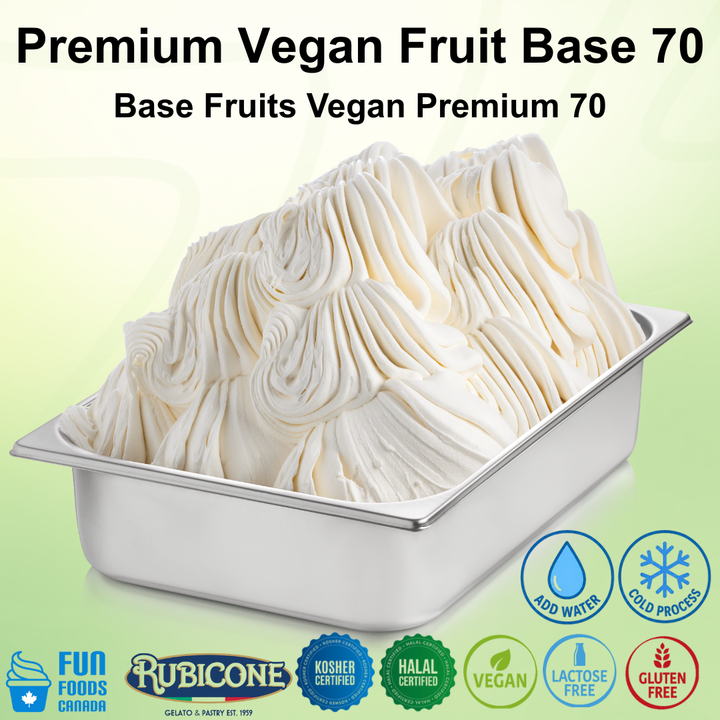 Container of premium vegan fruit base with brand logos on a light green background