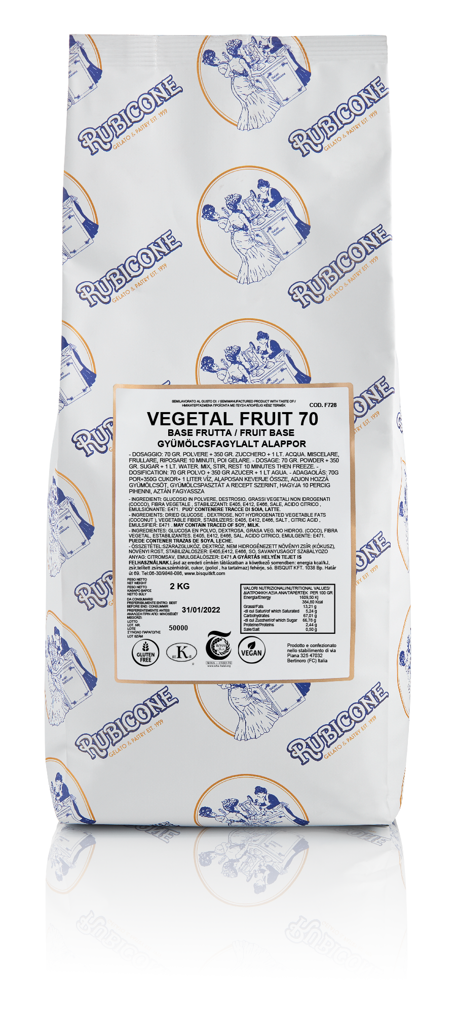 1.5 KG bag of Rubicone Vegetal Fruit 70, Fruit Gelato Base, on a transparent background