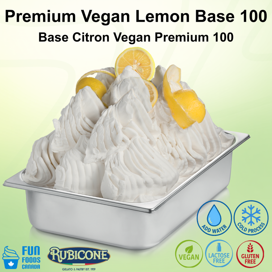 Premium Vegan Lemon Base 100 in a stainless steel wide gelato pan on a light green background with certification badges: mix with water, cold process, vegan, lactose-free, and gluten-free. With Fun Foods Canada and Rubicone brand logos