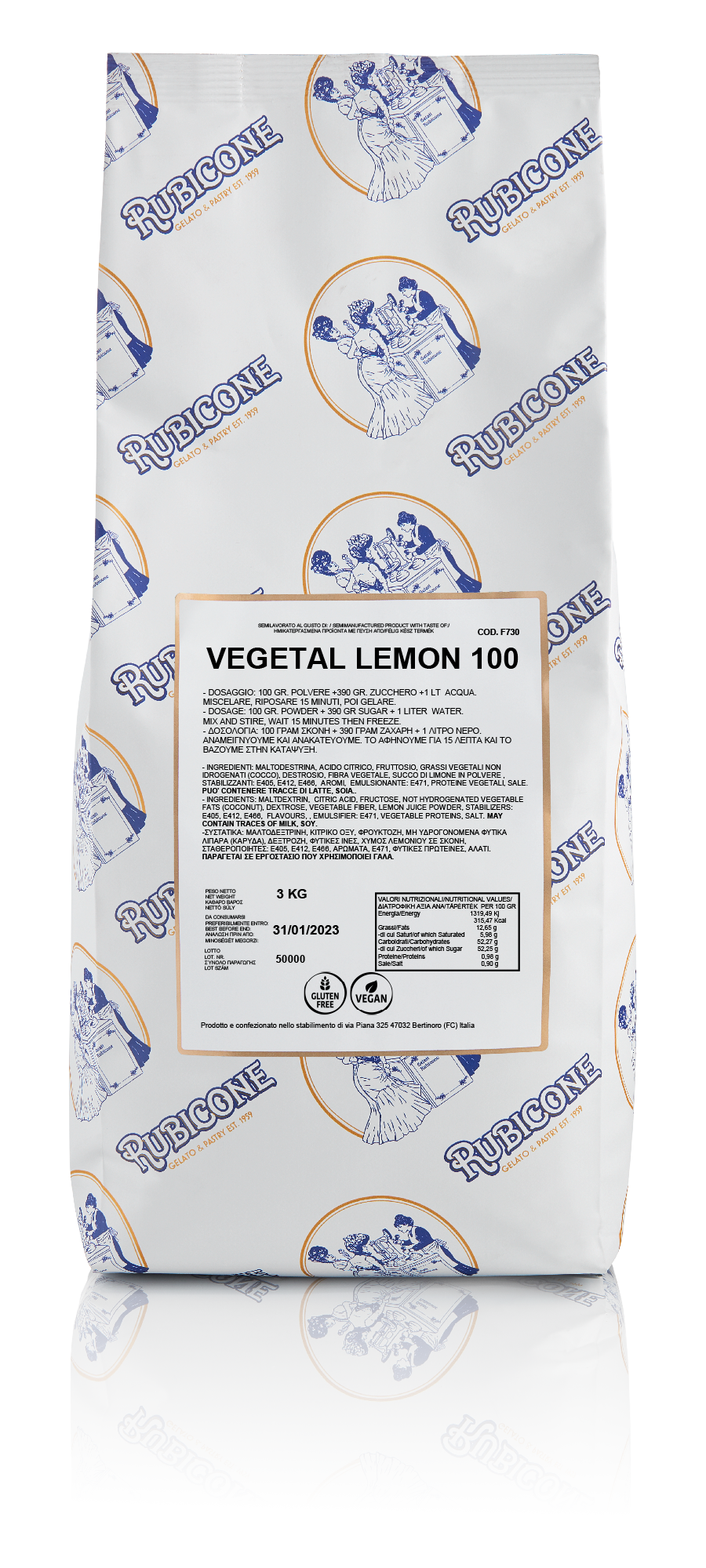 3 KG bag of Rubicone Vegetal Lemon 100 Fruit Gelato Base on a transparent background