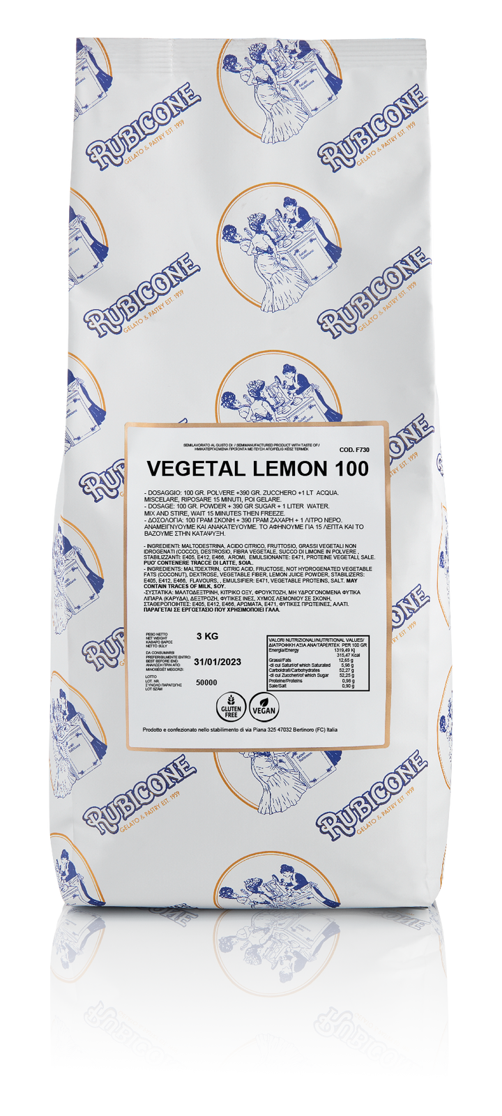 3 KG bag of Rubicone Vegetal Lemon 100 Fruit Gelato Base on a transparent background