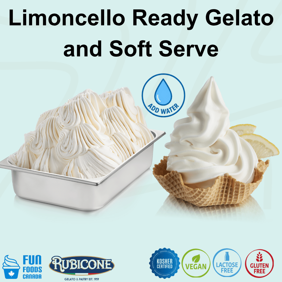 Rubicone Limoncello Ready Gelato and Soft Serve mix – refreshing Italian limoncello-inspired add-water mix for commercial gelato and soft serve machines in Canada. Kosher certified, vegan, lactose-free and gluten-free.