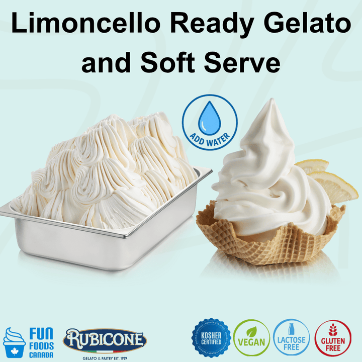 Rubicone Limoncello Ready Gelato and Soft Serve mix – refreshing Italian limoncello-inspired add-water mix for commercial gelato and soft serve machines in Canada. Kosher certified, vegan, lactose-free and gluten-free.