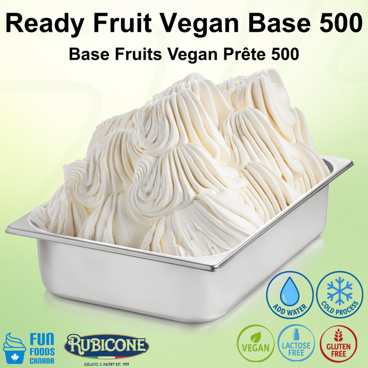 Ready Fruit Vegan Base 500 in a stainless steel wide gelato pan on a light green background with Fun Foods Canada and Rubicone brand logos and certification badges: mix with water, cold process, vegan, lactose-free, and gluten-free