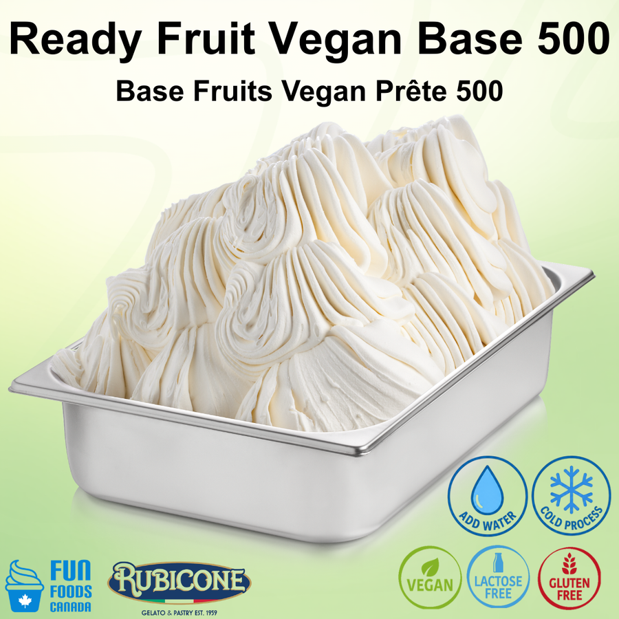 Ready Fruit Vegan Base 500 in a stainless steel wide gelato pan on a light green background with Fun Foods Canada and Rubicone brand logos and certification badges: mix with water, cold process, vegan, lactose-free, and gluten-free