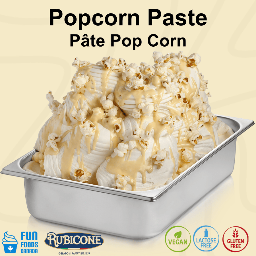 Popcorn gelato in a pan topped with popcorn pieces and sauce featuring Fun Foods Canada and Rubicone brand logos and dietary badges: Vegan, Lactose-free, and gluten-free. 