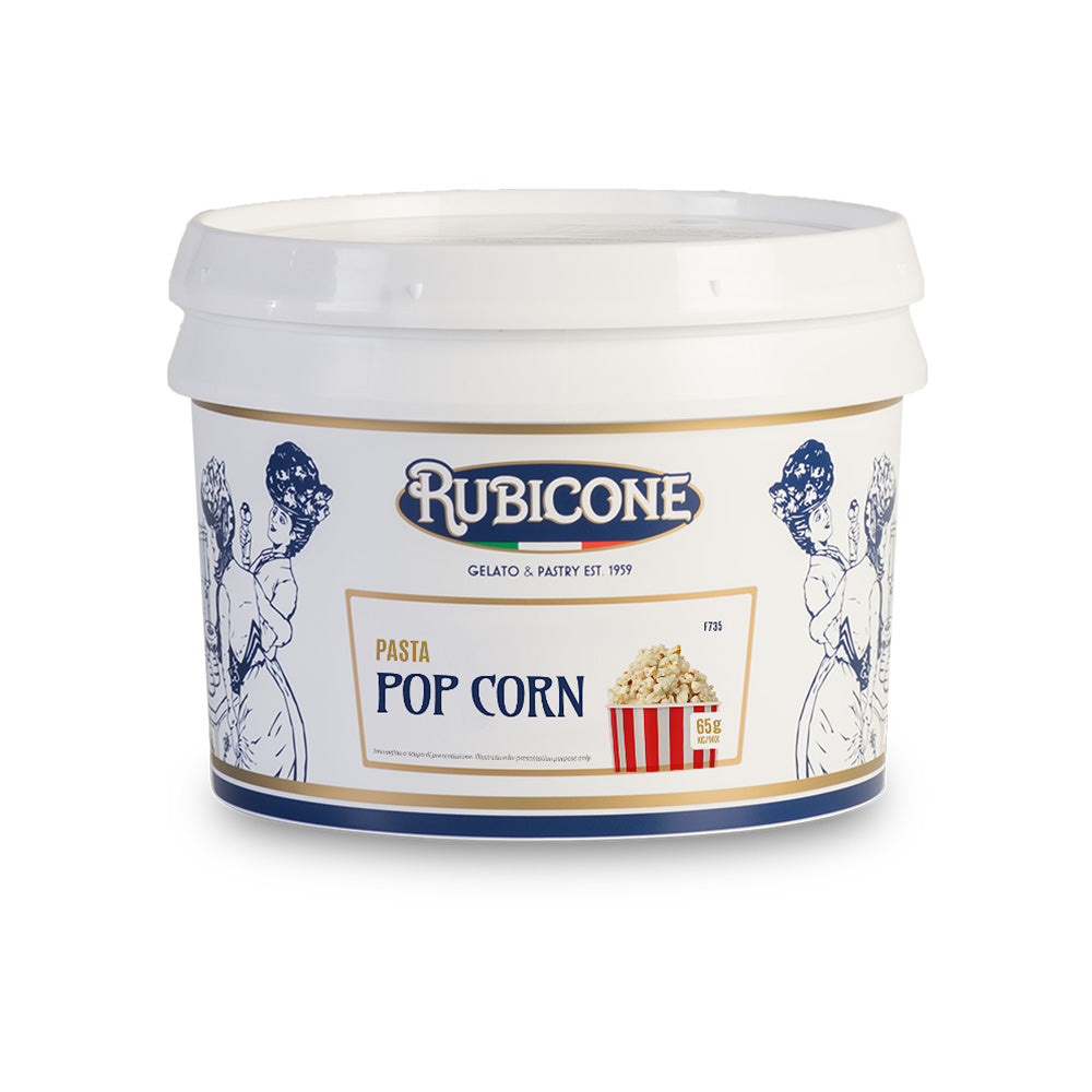 3 KG bucket of Rubicone F735 Popcorn classic gelato paste on a white background by Rubicone Canada - Canadian distribution of Rubicone gelato and pastry products