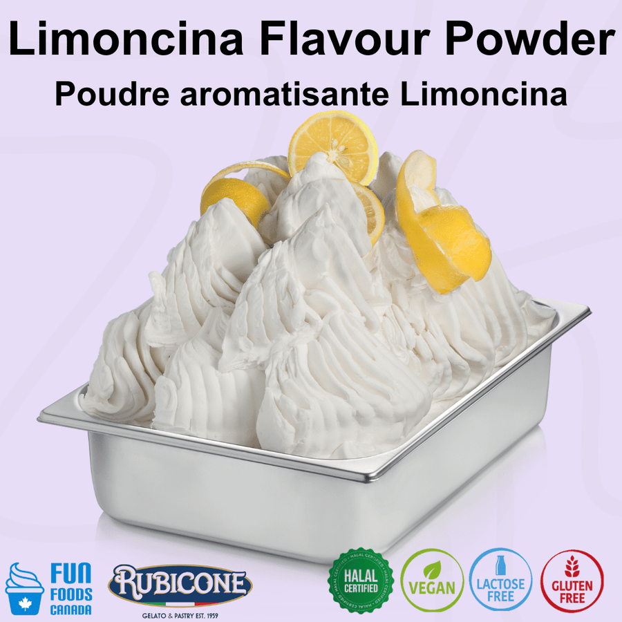 Rubicone Limoncina Flavour Powder for authentic Italian gelato, shown as smooth, creamy lemon gelato topped with fresh lemon slices in a display pan. Available in Canada from Fun Foods Canada.