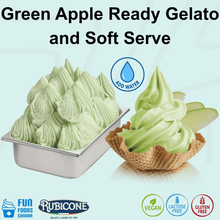 Rubicone Green Apple Ready Gelato and Soft Serve mix – crisp, refreshing green apple-flavoured add-water mix for commercial gelato and soft serve machines in Canada. Vegan, lactose-free and gluten-free.