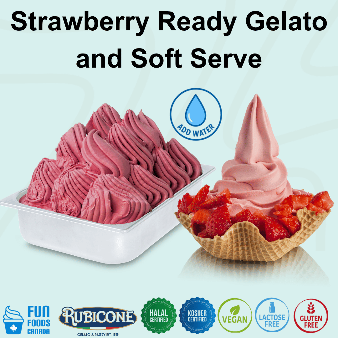 Rubicone Strawberry Ready Gelato mix – strawberry-flavoured add-water mix for commercial gelato and soft serve in Canada. Halal and Kosher certified, vegan, lactose-free and gluten-free.