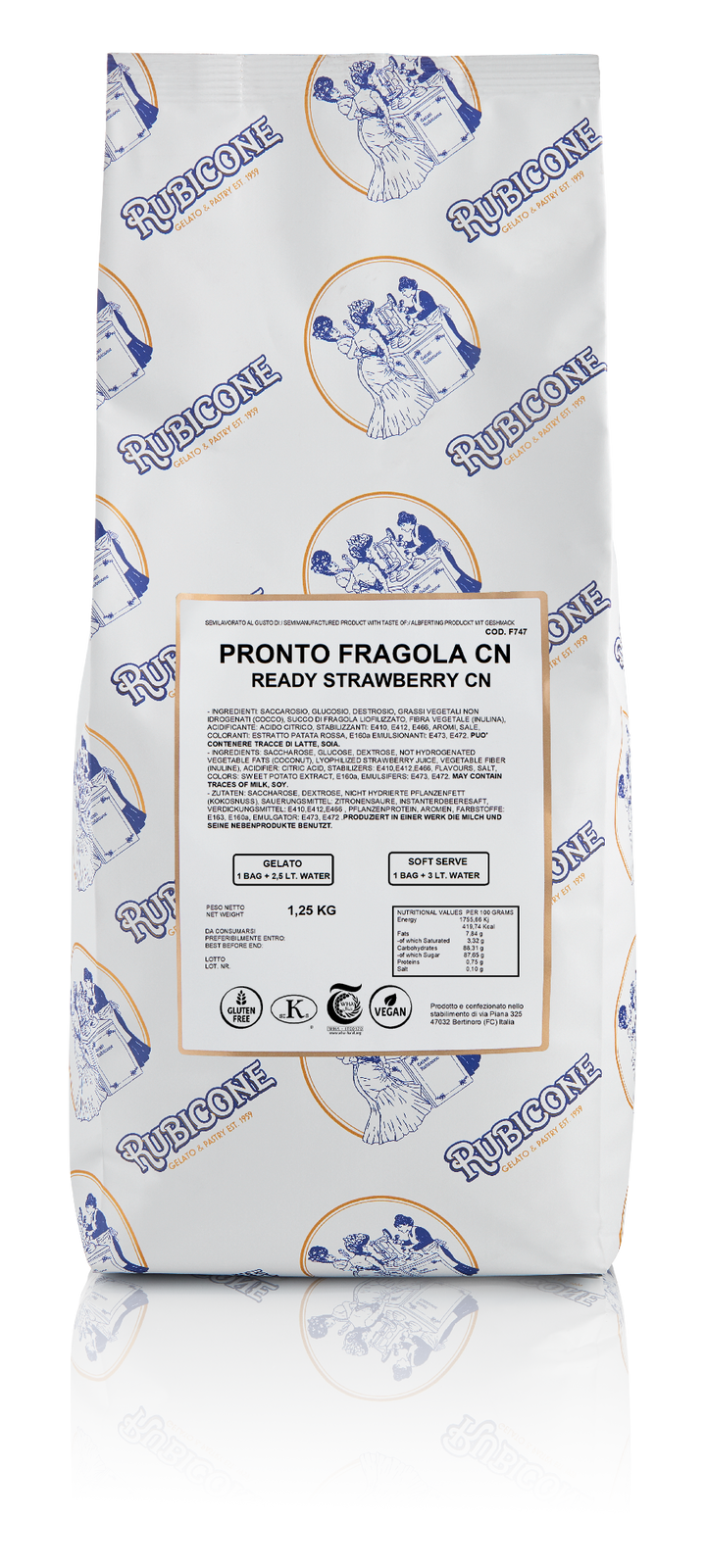 Rubicone Ready Strawberry Soft Serve and Gelato base 1.25 KG bag on a white background - Canadian Distribution