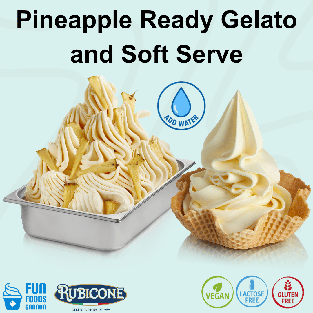 Rubicone Pineapple Ready Gelato and Soft Serve mix – tropical pineapple-flavoured add-water mix for commercial gelato and soft serve machines in Canada. Vegan, lactose-free and gluten-free.
