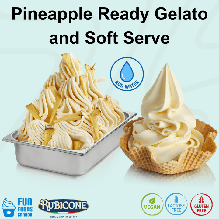 Rubicone Pineapple Ready Gelato and Soft Serve mix – tropical pineapple-flavoured add-water mix for commercial gelato and soft serve machines in Canada. Vegan, lactose-free and gluten-free.
