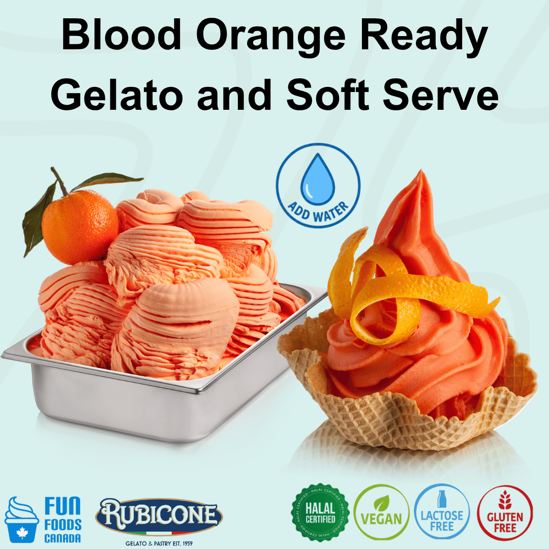 Rubicone Blood Orange Ready Gelato and Soft Serve mix – vibrant blood orange-flavoured add-water mix for commercial gelato and soft serve machines in Canada. Halal certified, vegan, lactose-free and gluten-free.
