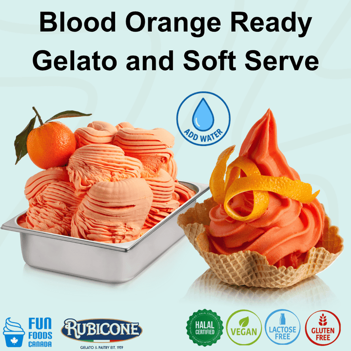 Rubicone Blood Orange Ready Gelato and Soft Serve mix – vibrant blood orange-flavoured add-water mix for commercial gelato and soft serve machines in Canada. Halal certified, vegan, lactose-free and gluten-free.

