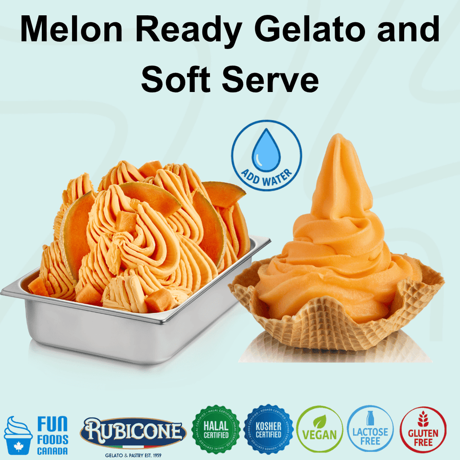 Rubicone Melon Ready Gelato and Soft Serve mix – refreshing sweet melon-flavoured add-water mix for commercial gelato and soft serve machines in Canada. Halal certified, Kosher certified, vegan, lactose-free and gluten-free.

