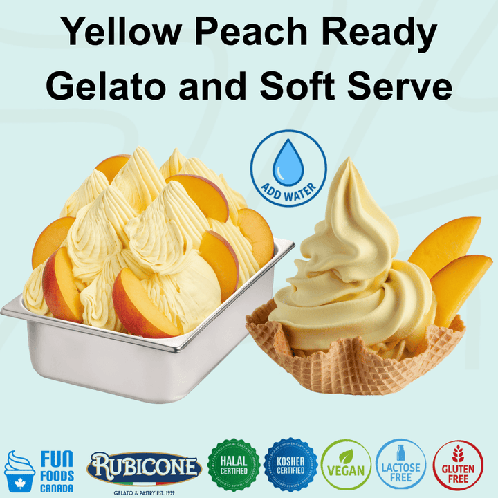 Rubicone Yellow Peach Ready Gelato mix – yellow peach-flavoured add-water mix for commercial gelato and soft serve in Canada. Vegan, halal, kosher, lactose-free, and gluten-free.