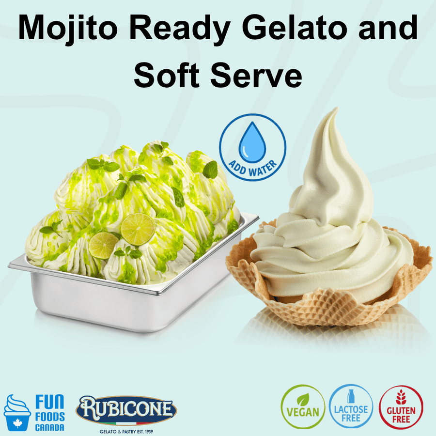 Rubicone Mojito Ready Gelato and Soft Serve mix – refreshing lime and mint-flavoured add-water mix for commercial gelato and soft serve machines in Canada. Vegan, lactose-free and gluten-free.
