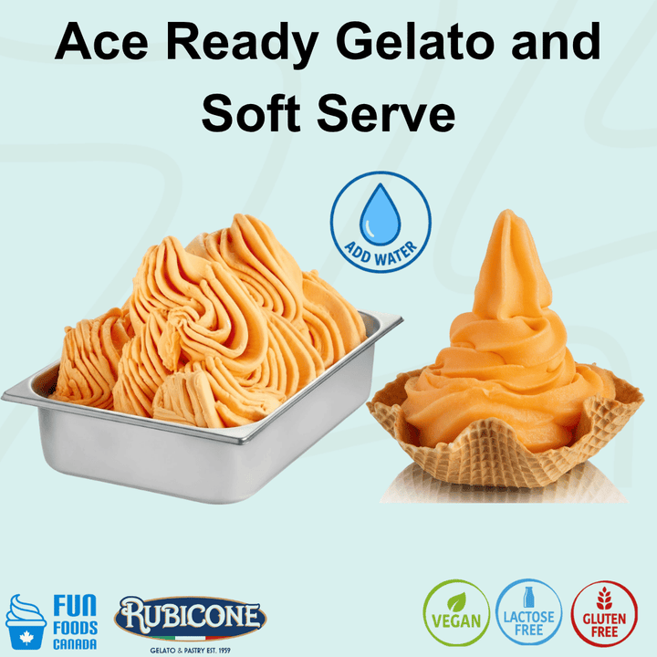 Ace Ready Gelato and Soft Serve Mix by Rubicone, refreshing citrus flavour for vegan gelato and soft serve, just add water, vegan, lactose free and gluten free.
