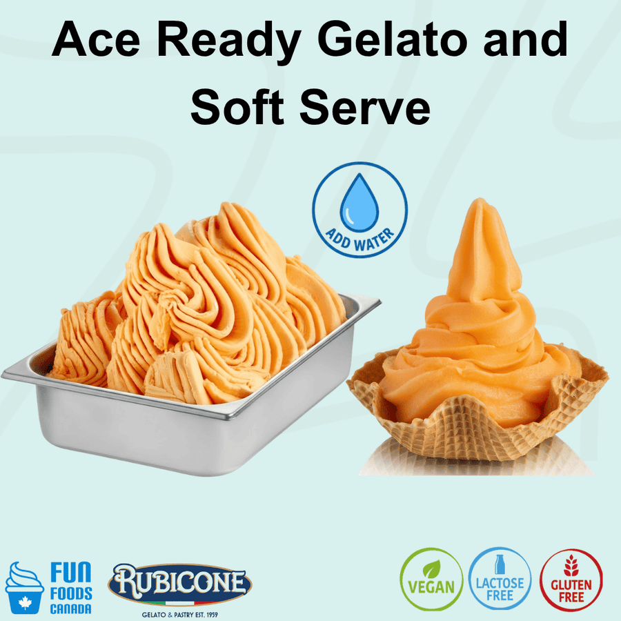Ace Ready Gelato and Soft Serve Mix by Rubicone, refreshing citrus flavour for vegan gelato and soft serve, just add water, vegan, lactose free and gluten free.

