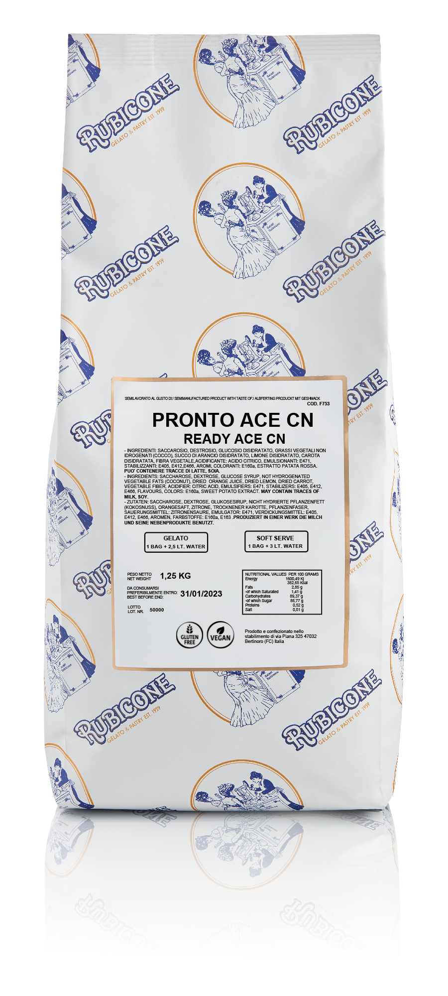 a 1.25 KG bag of Rubicone Pronto Ace CN or Ready Ace CN. A ready to use product for gelato and soft serve by just adding water. Gluten-free, Vegan, lactose-free.