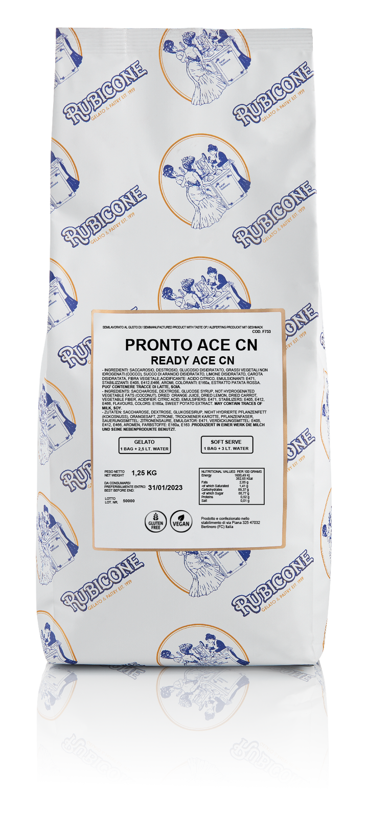 a 1.25 KG bag of Rubicone Pronto Ace CN or Ready Ace CN. A ready to use product for gelato and soft serve by just adding water. Gluten-free, Vegan, lactose-free.