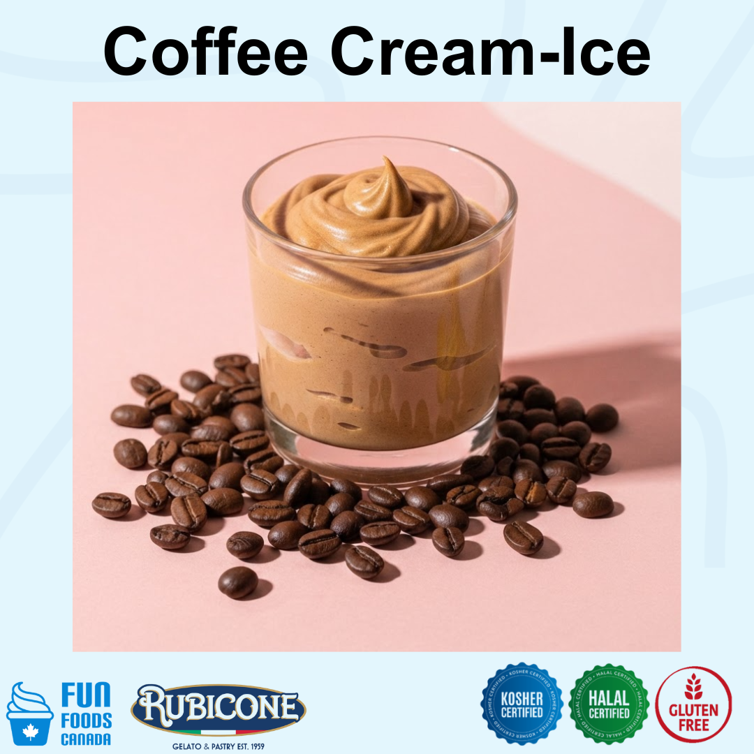 A glass of creamy coffee cream ice with a swirl of light brown sauce on top, surrounded by scattered coffee beans on a pink surface. The image has 'Coffee Cream-Ice' text at the top and certification logos and the Rubicone brand at the bottom. Kosher, Halal, Gluten-free.