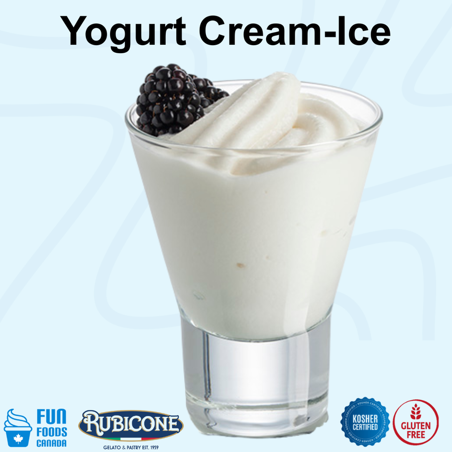 Yogurt cream ice in a small glass garnished with a blackberry on a light blue background. Text above reads "Yogurt Cream-Ice" with Rubicone and Fun Foods Logo and Kosher, Gluten-free certificates along the bototm.