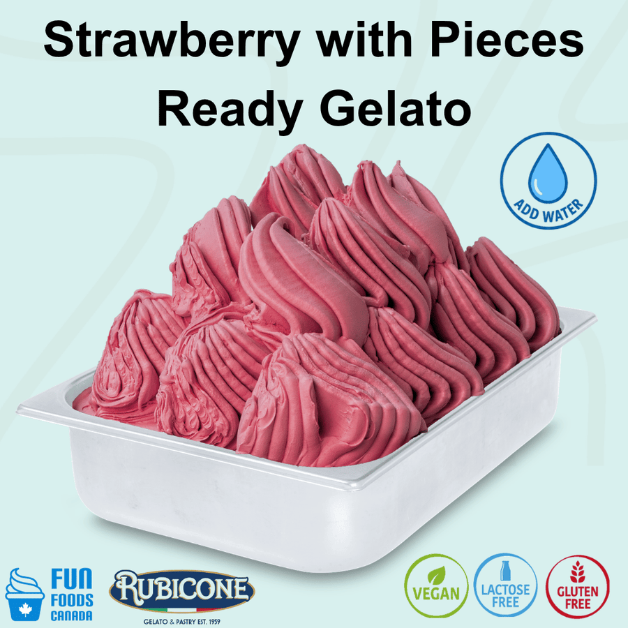 Rubicone Strawberry with Pieces Ready Gelato mix – strawberry-flavoured add-water mix with fruit pieces for commercial gelato in Canada. Vegan, lactose-free and gluten-free.
