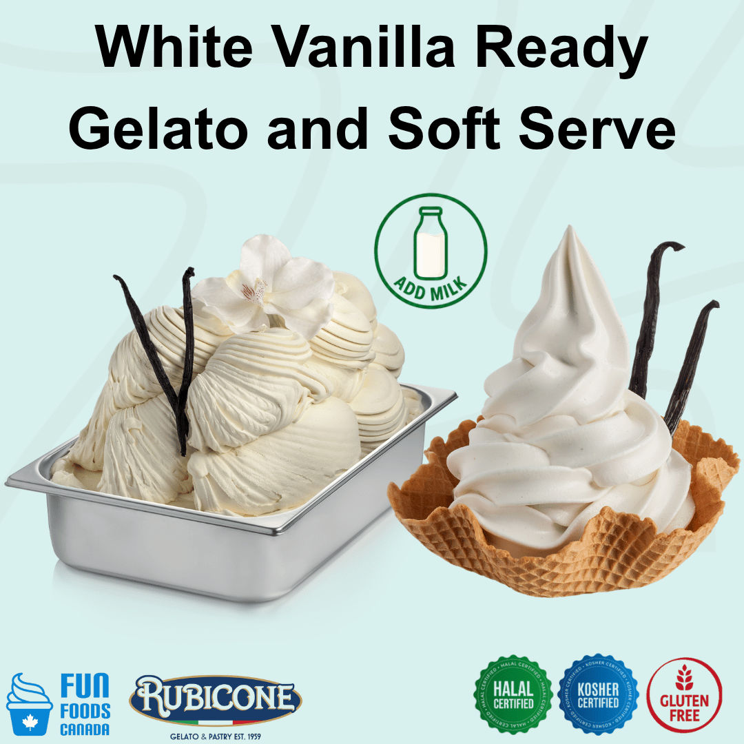Rubicone White Vanilla Ready Gelato mix – creamy white vanilla-flavoured add-milk mix for commercial gelato and soft serve in Canada. Halal and Kosher certified, and gluten-free.
