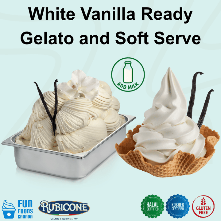 Rubicone White Vanilla Ready Gelato mix – creamy white vanilla-flavoured add-milk mix for commercial gelato and soft serve in Canada. Halal and Kosher certified, and gluten-free.
