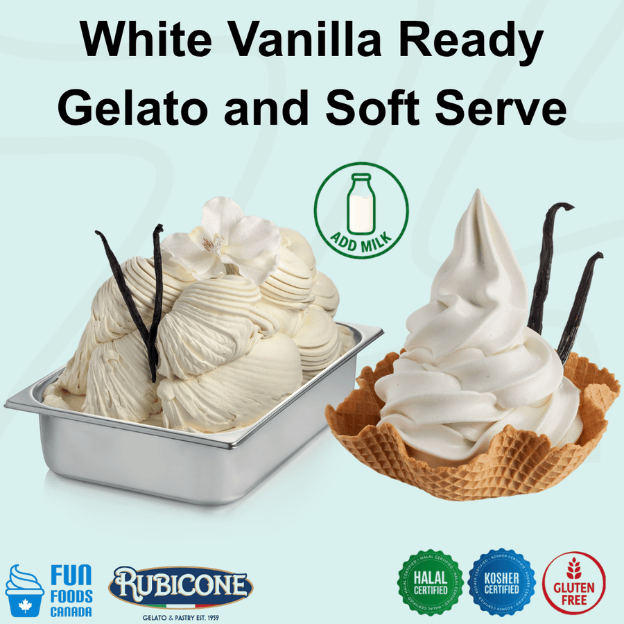 Rubicone White Vanilla Ready Gelato mix – creamy white vanilla-flavoured add-milk mix for commercial gelato and soft serve in Canada. Halal and Kosher certified, and gluten-free.
