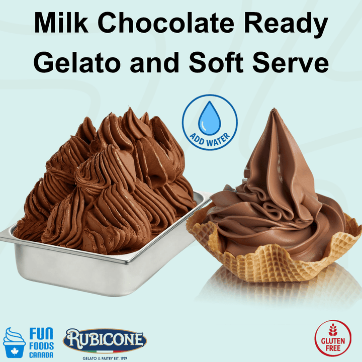 Rubicone Milk Chocolate Ready Gelato and Soft Serve mix – rich, creamy milk chocolate-flavoured add-water mix for commercial gelato and soft serve machines in Canada. Gluten-free.
