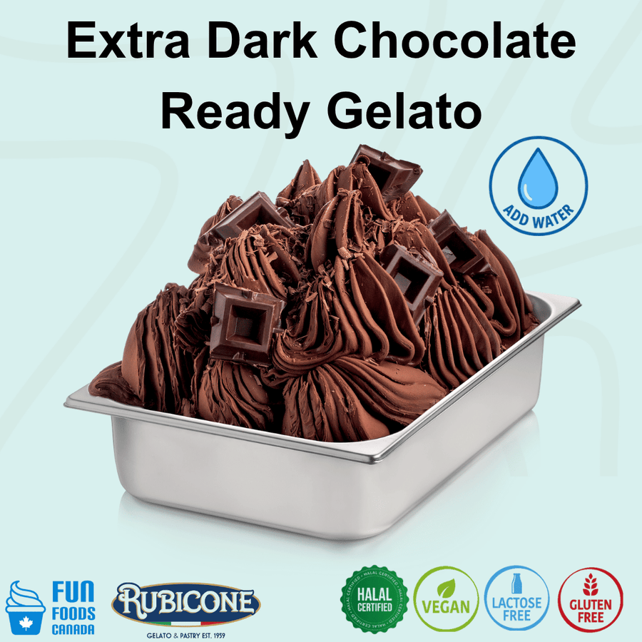Rubicone Extra Dark Chocolate Ready Gelato mix – intense dark chocolate-flavoured add-water mix for rich, creamy commercial gelato in Canada. Halal certified, vegan, lactose-free and gluten-free.