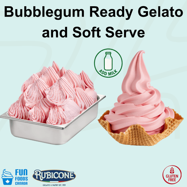 Rubicone Bubblegum Ready Gelato and Soft Serve mix – sweet pink bubblegum-flavoured mix for commercial gelato and soft serve machines in Canada. Add milk. Gluten-free.