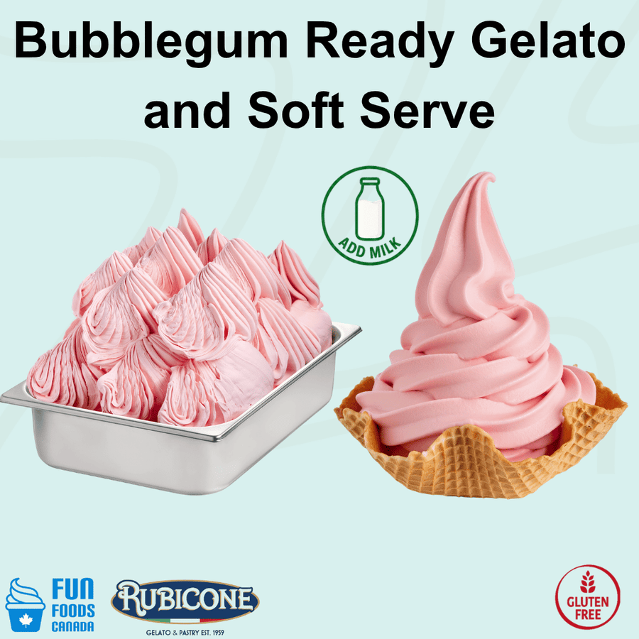 Rubicone Bubblegum Ready Gelato and Soft Serve mix – sweet pink bubblegum-flavoured mix for commercial gelato and soft serve machines in Canada. Add milk. Gluten-free.