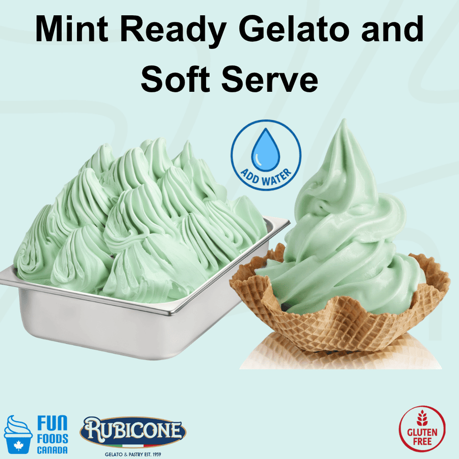 Rubicone Mint Ready Gelato and Soft Serve mix – refreshing mint-flavoured add-water mix for commercial gelato and soft serve machines in Canada. Gluten-free.
