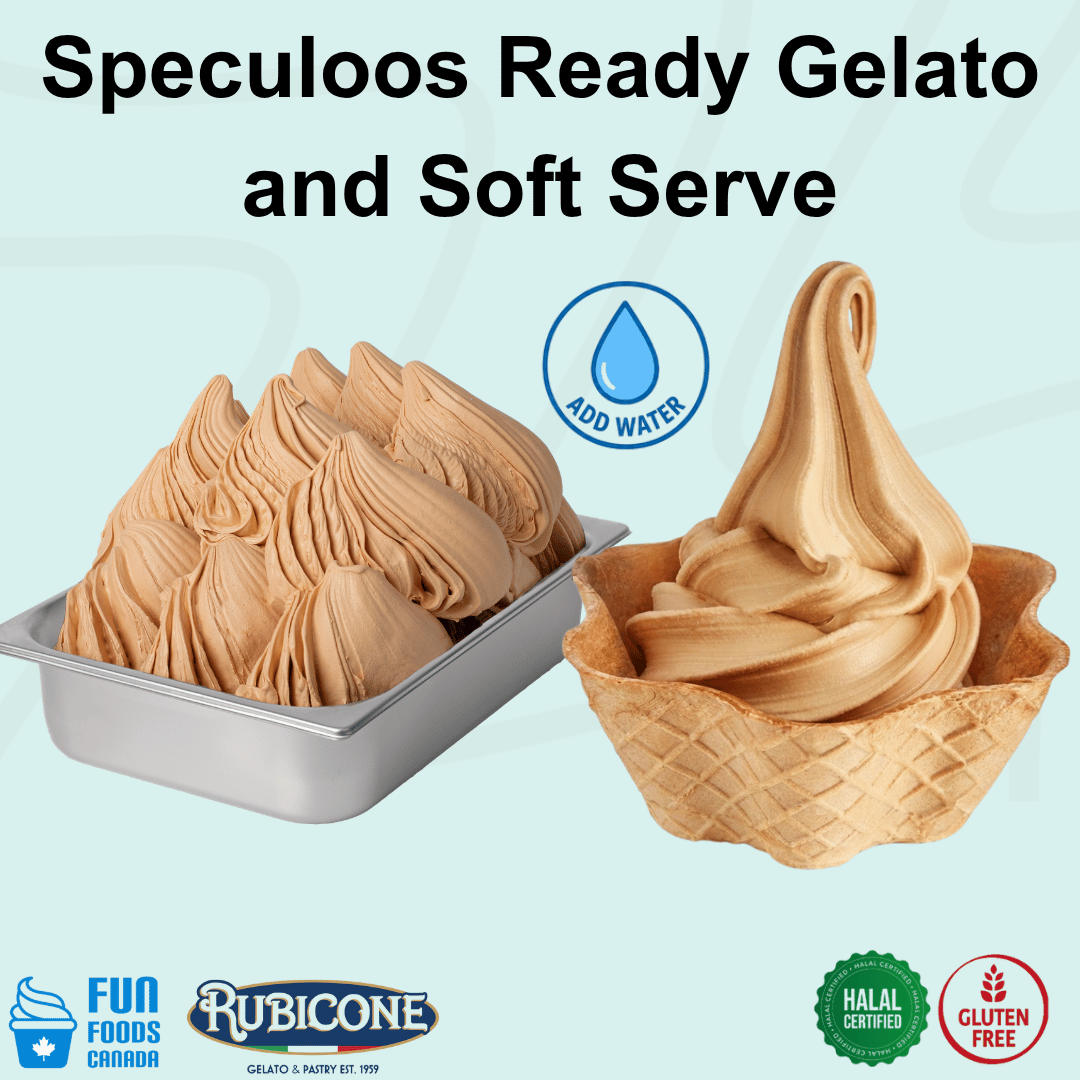 Rubicone Speculoos Ready Gelato mix – spiced caramelized biscuit-flavoured add-water mix for commercial gelato and soft serve in Canada. Halal certified and gluten-free.
