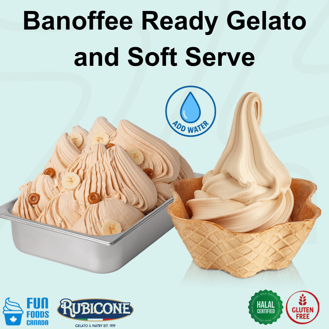 Rubicone Banoffee Ready Gelato and Soft Serve mix – banana and caramel-inspired add-water mix for creamy commercial gelato and soft serve in Canada. Halal certified and gluten-free.

