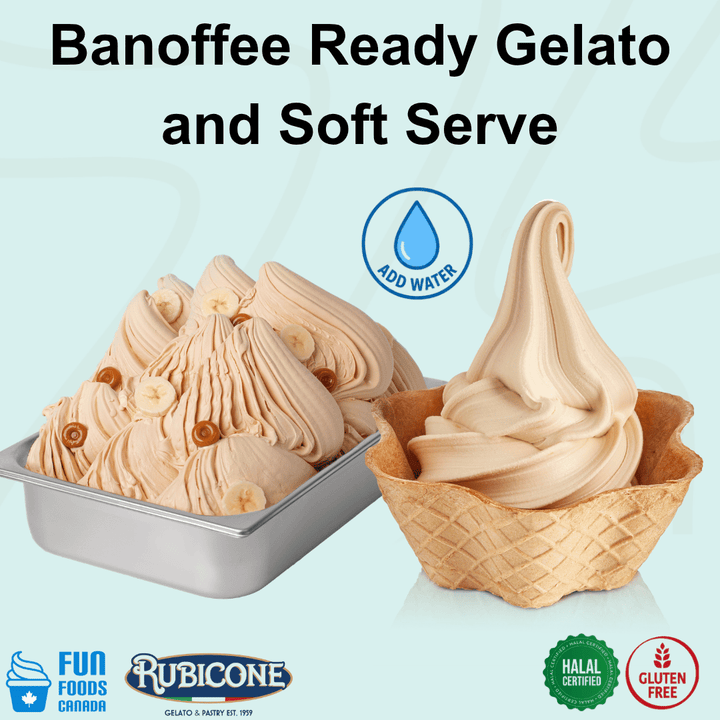 Rubicone Banoffee Ready Gelato and Soft Serve mix – banana and caramel-inspired add-water mix for creamy commercial gelato and soft serve in Canada. Halal certified and gluten-free.
