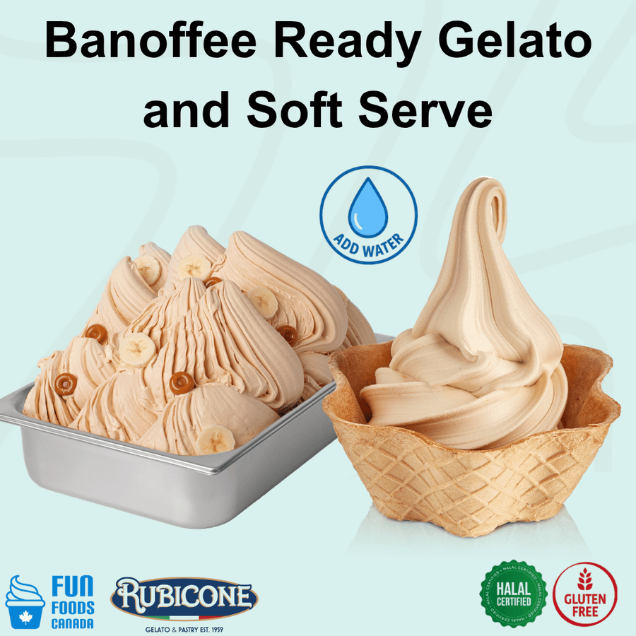 Rubicone Banoffee Ready Gelato and Soft Serve mix – banana and caramel-inspired add-water mix for creamy commercial gelato and soft serve in Canada. Halal certified and gluten-free.
