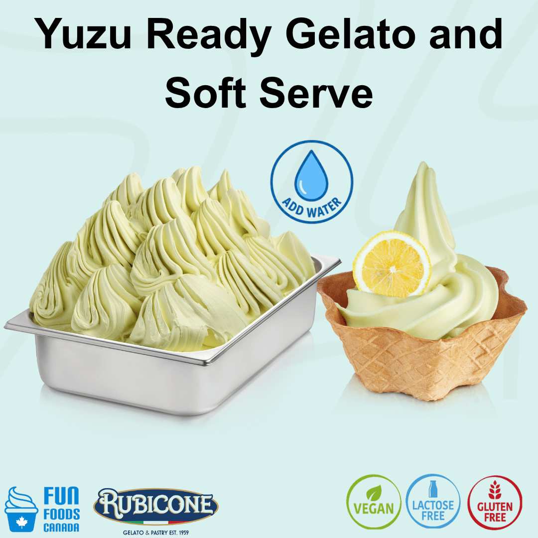 Rubicone Yuzu Ready Gelato mix – yuzu citrus-flavoured add-water mix for commercial gelato and soft serve in Canada. Vegan, lactose-free, and gluten-free.
